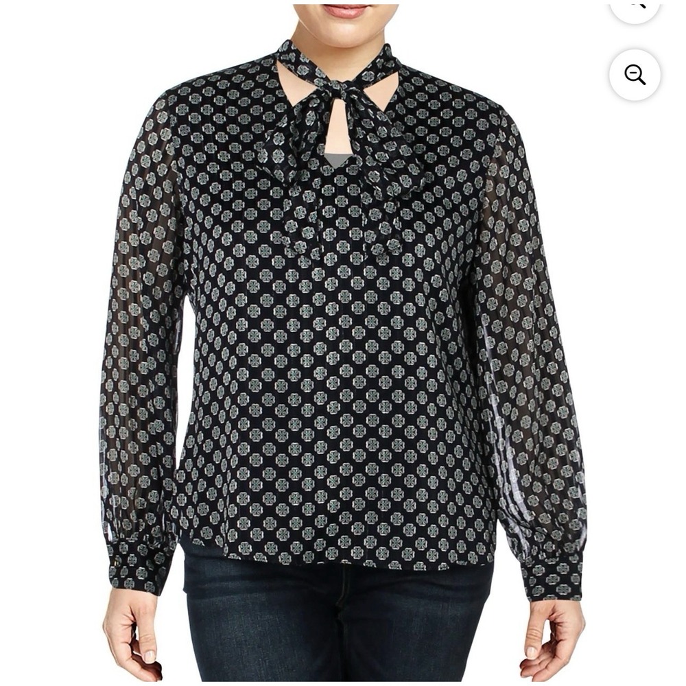 Lauren Ralph Lauren Women's Size Medium Talesha Printed Tie Neck Blouse Navy‎